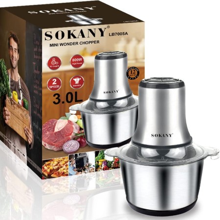 SOKANY 800 W Electric Mini Electric Mincer with 3L Stainless Steel Bowl, Small Mixer with 2 Speed Levels and 4 Stainless Steel Blades
